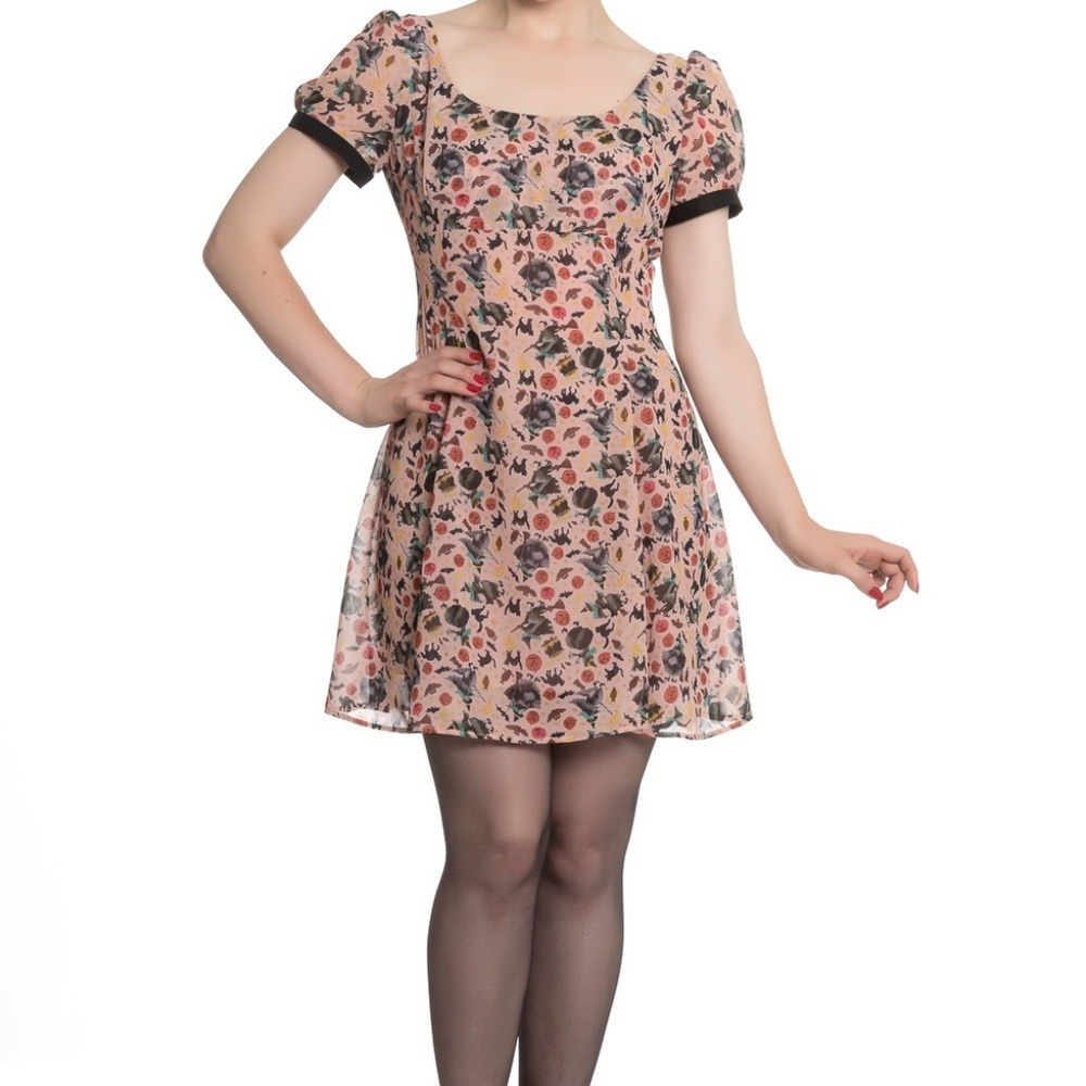 Hell Bunny Halloween Witch Cat Pumpkin Mini Dress Tan Small Retro Spookycore